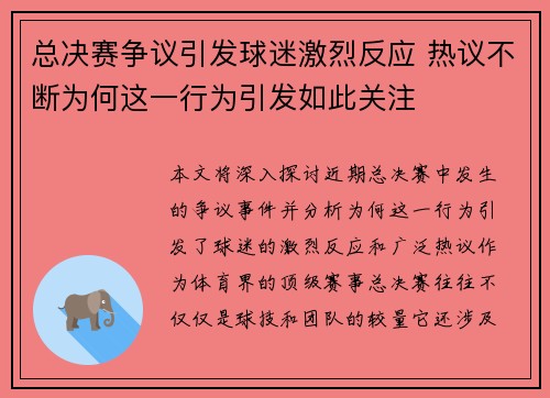 总决赛争议引发球迷激烈反应 热议不断为何这一行为引发如此关注