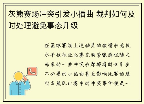 灰熊赛场冲突引发小插曲 裁判如何及时处理避免事态升级
